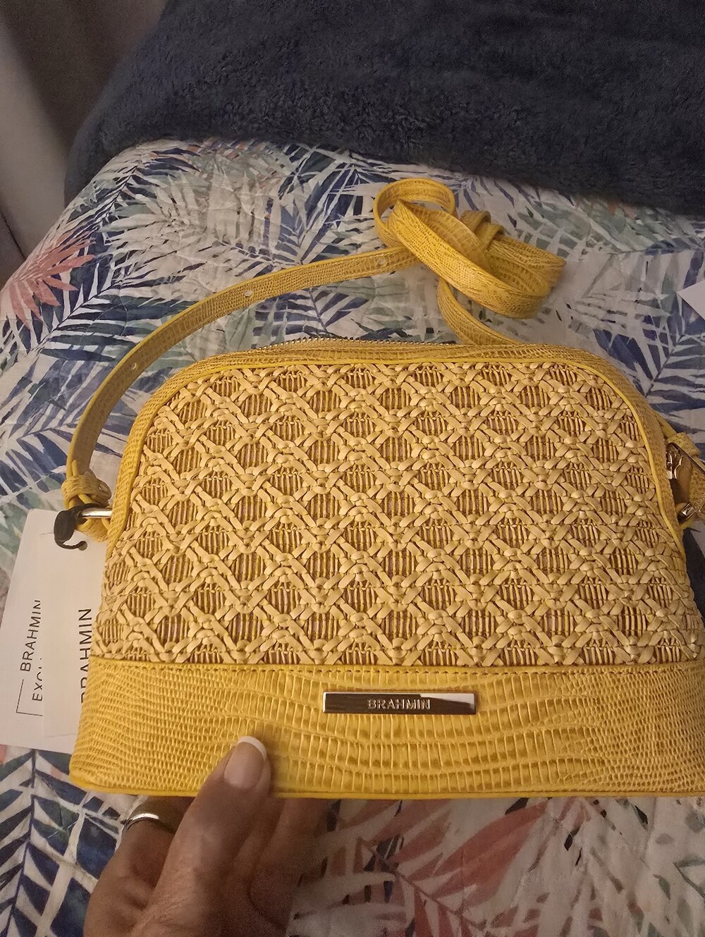 Brahmin Yellow Woven Crossbody with Textured Trim